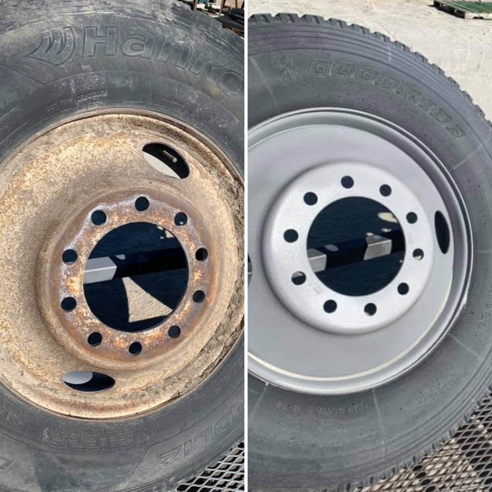 Rusty truck rim next to the same style of rim restored to a clean silver finish