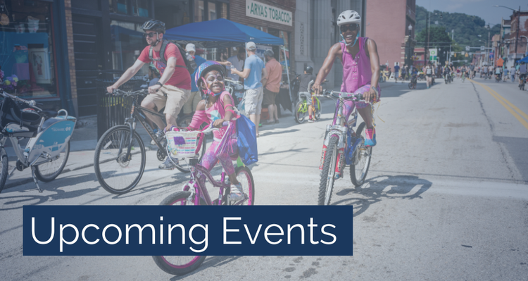 Image of three people riding bikes. Text says "Upcoming Events."