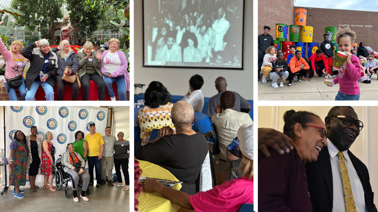 One picture shows people looking at an old photograph. One shows 5 older women in a garden. One shows students in front of painted planters. One shows 8 adults in front of Age-Friendly Greater Pittsburgh logo. Last pic shows two people laughing.