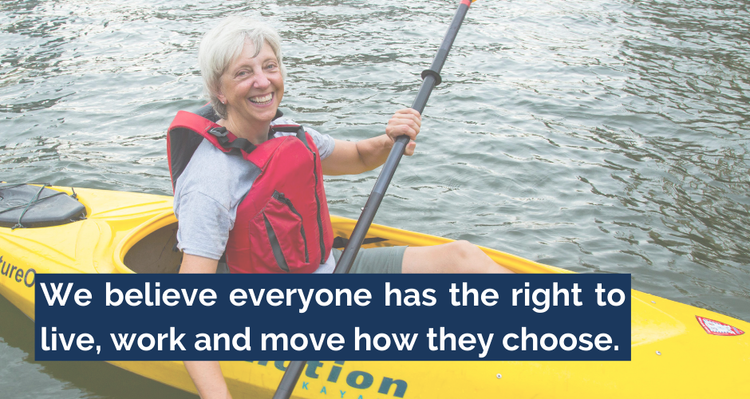 Image of a woman in a kayak. The text says: "We believe everyone has the right to live, work and move how they choose."