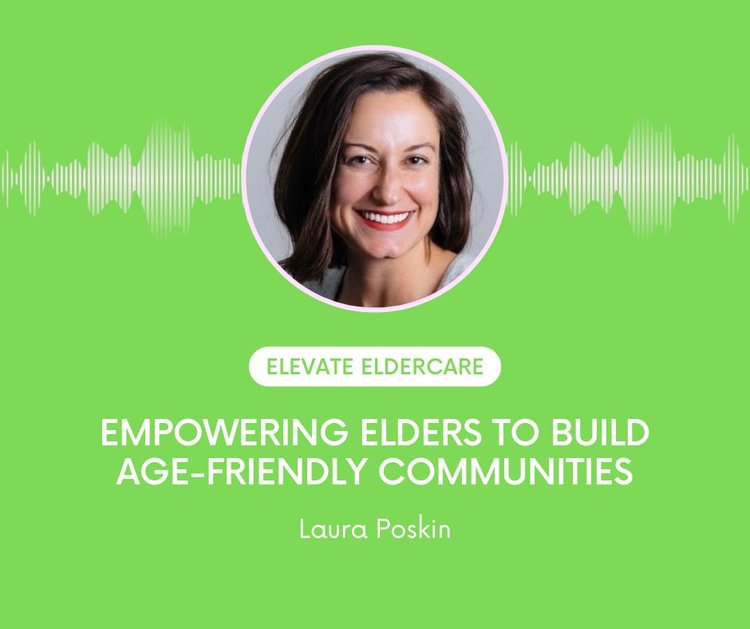 An image of a woman in a green background. Text reads: "Elevate Eldercare. Empowering Elders to Build Age-Friendly Communities."