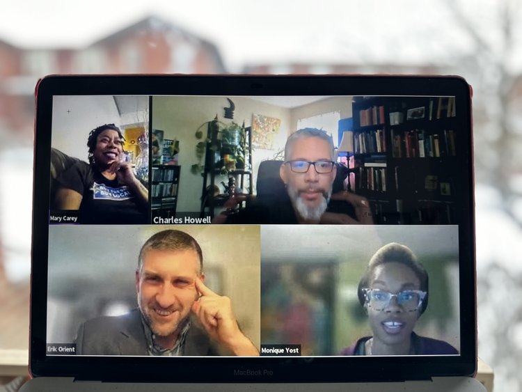 Screenshot from workplace accessibility webinar. It shows a Zoom meeting between four people from different orgs talking about workplace accessibility.