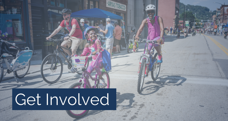 Image of three people riding bikes. Caption reads: "Get Involved."