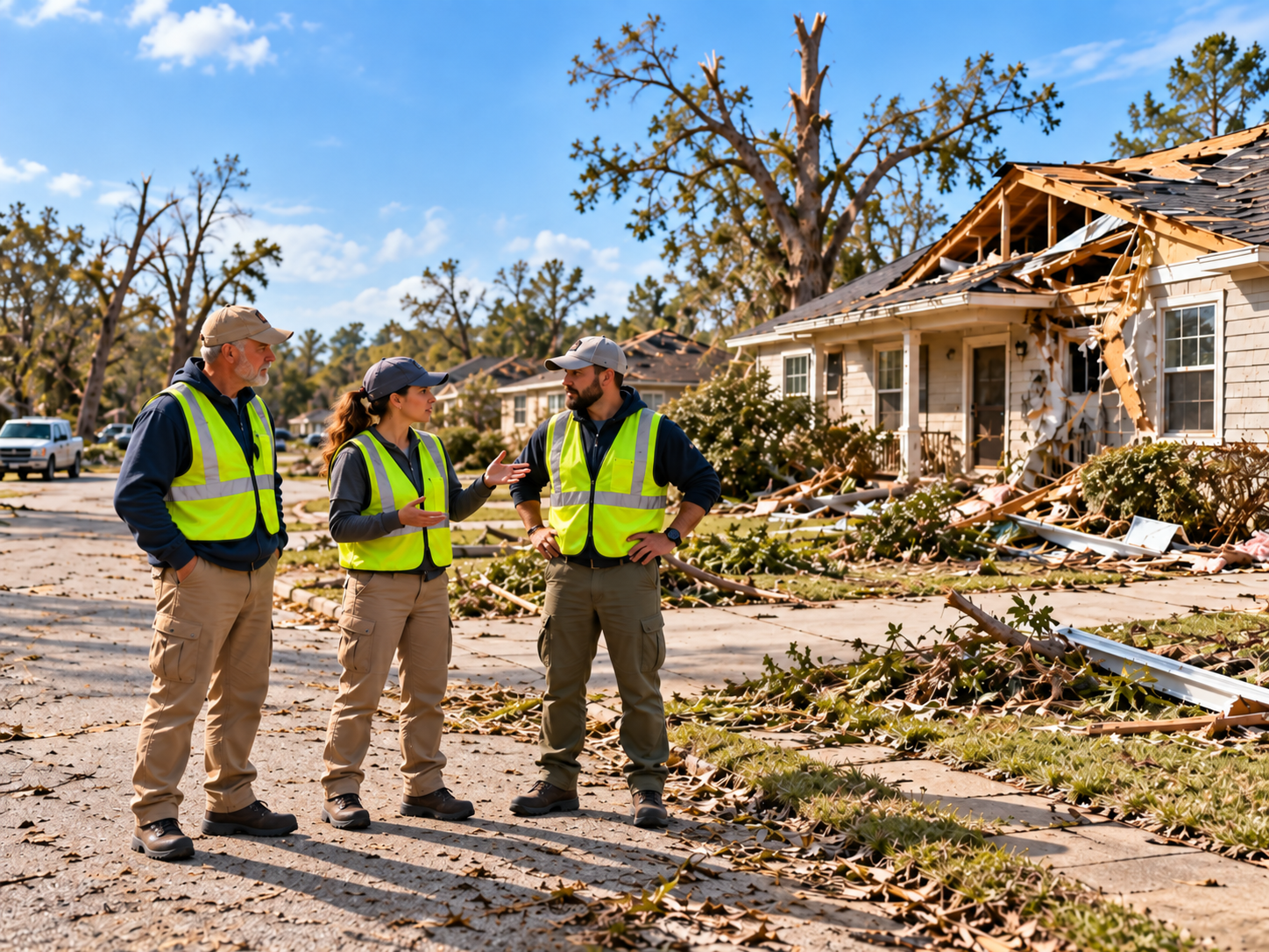 Disaster response volunteers reviewing hazards and access at a damaged site