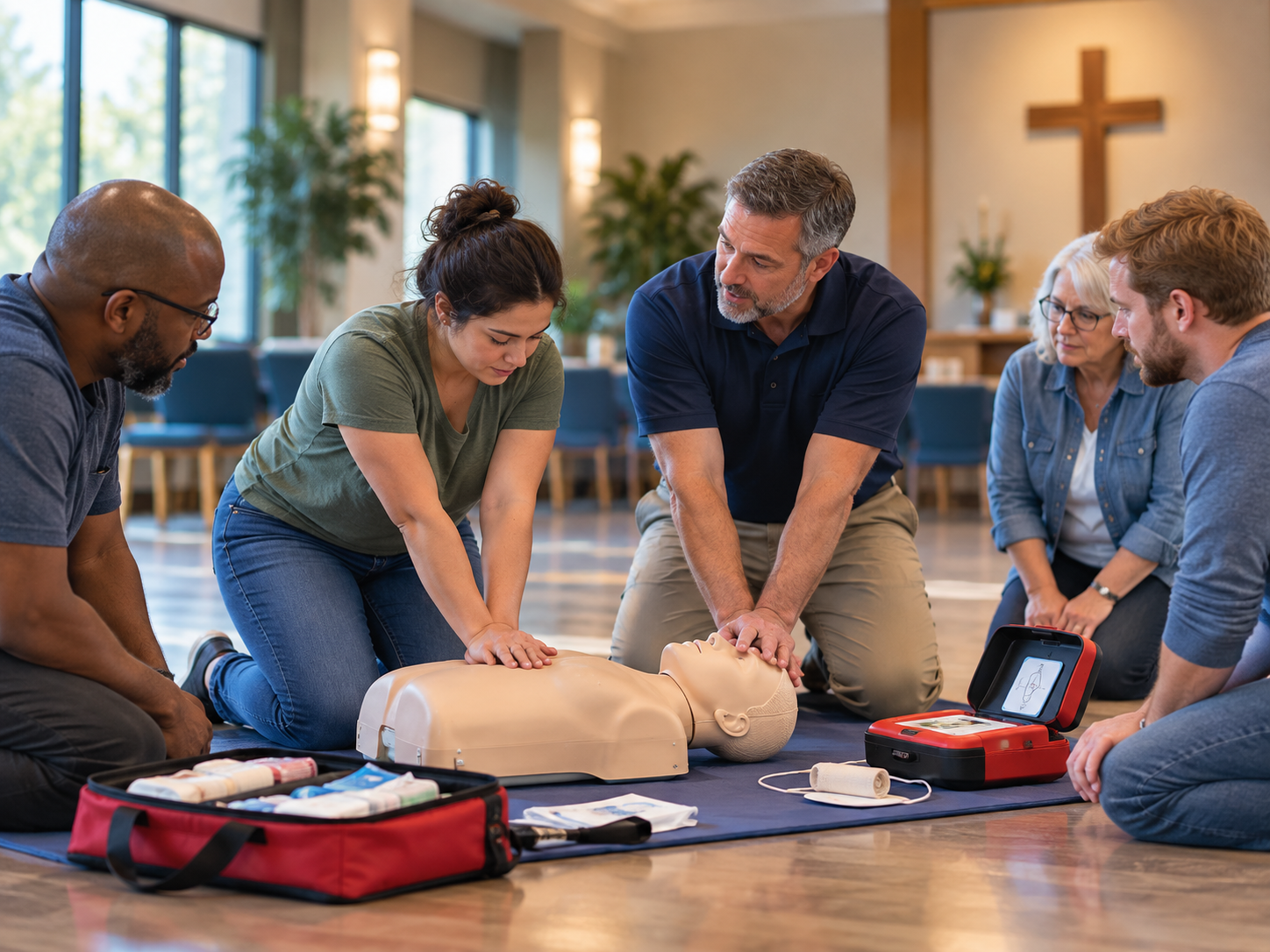 Volunteers participating in CPR, AED and first aid training