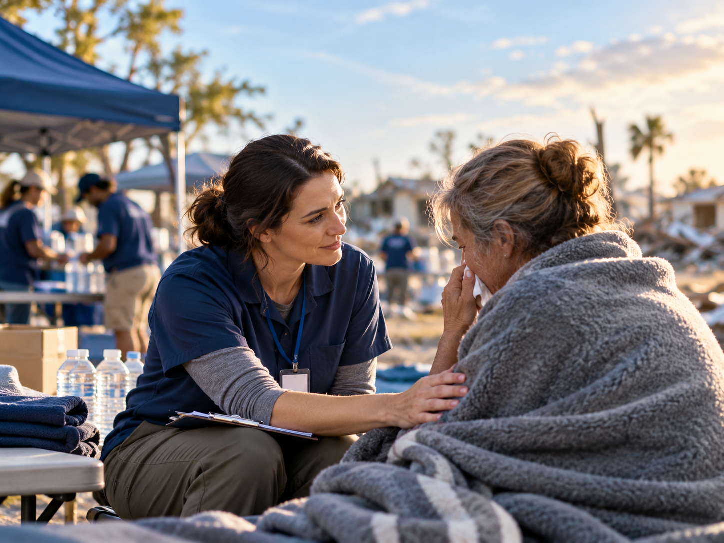 Disaster response volunteer providing compassionate support to a survivor