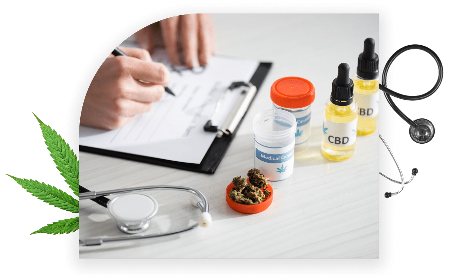 Medical Cannabis & CBD laid out on a doctors desk.