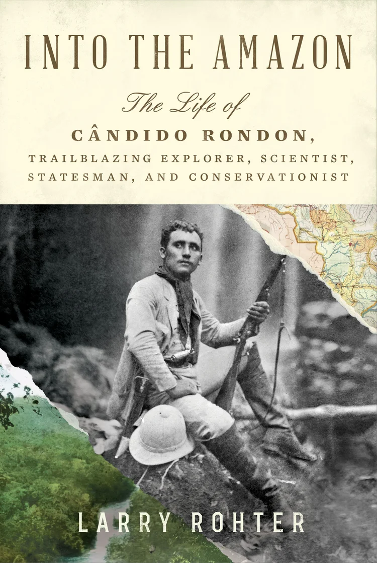 Black and white photo of explorer Candido Rondon overlaying a map