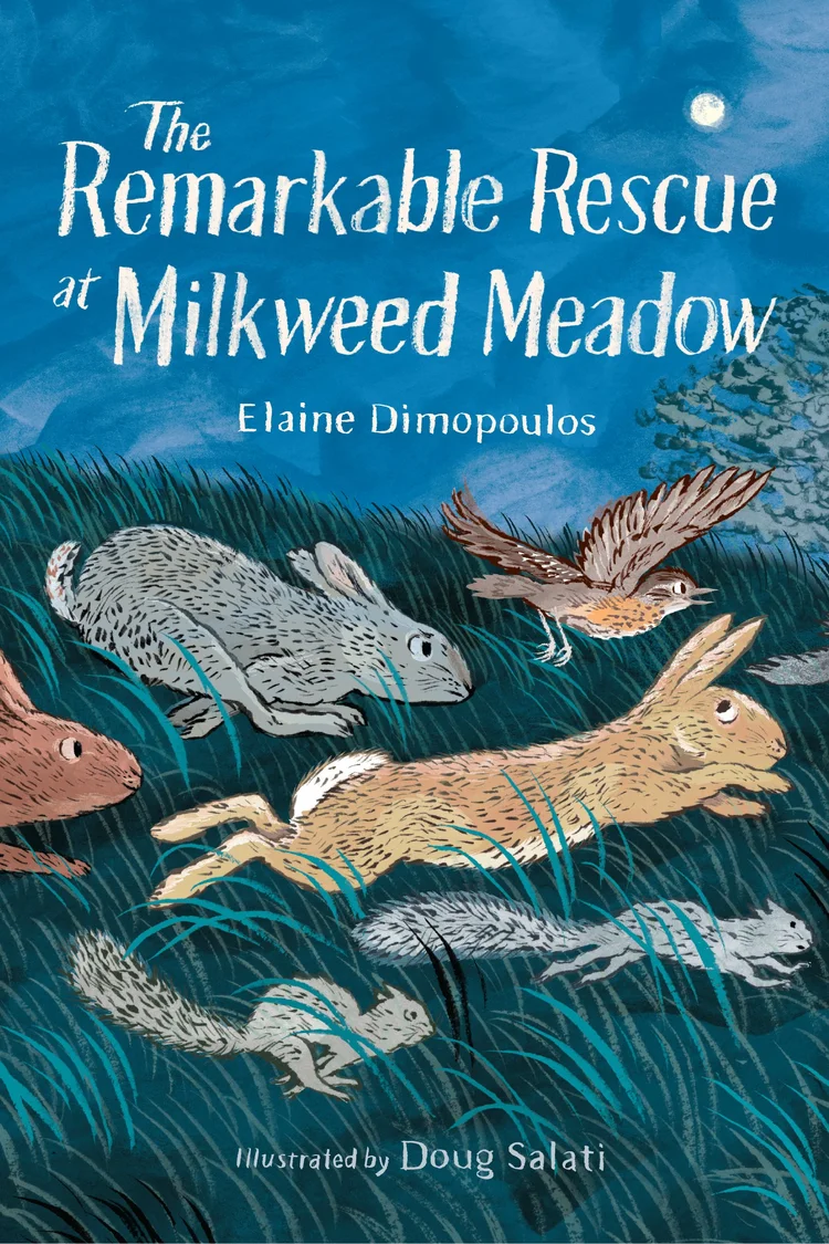 Book cover with retreating rabbits, squirrels, and birds; text: "The Remarkable Rescue at Milkweed Meadow"