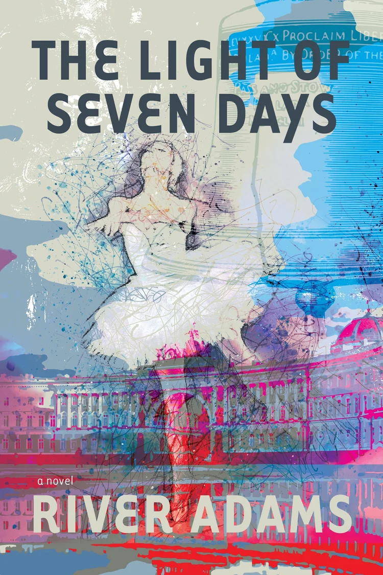 Book cover with ballerina outline overlaying a classical building