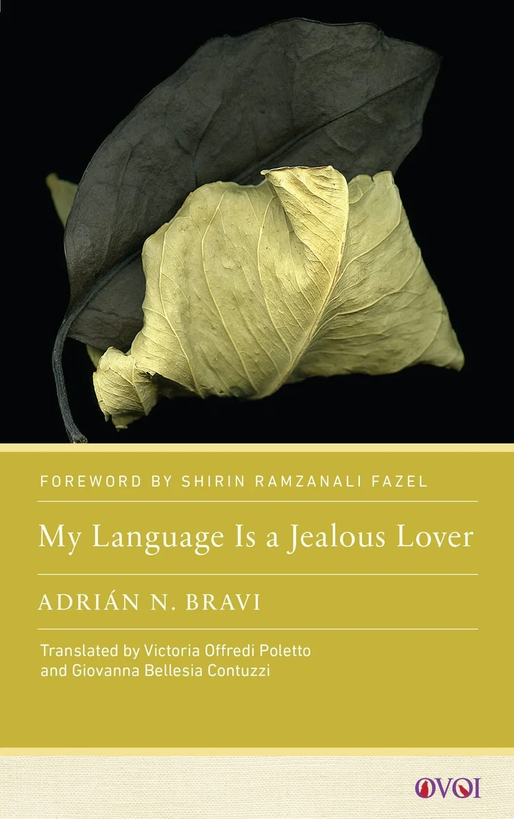 Book cover with close up of a rolled up, drying leaf; text reads "My Language is a Jealous Lover"