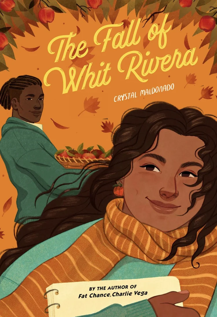 Book cover with an illustration of two teenaged love interests with leaves falling in the background