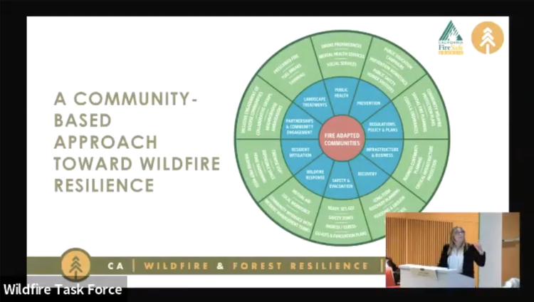 A graphic displaying concentric circles of community connections with a title of "A Community-Based Approach Toward Wildfire Resilience" with a small image overlay in the corner of presenter Jacy Hyde speaking.