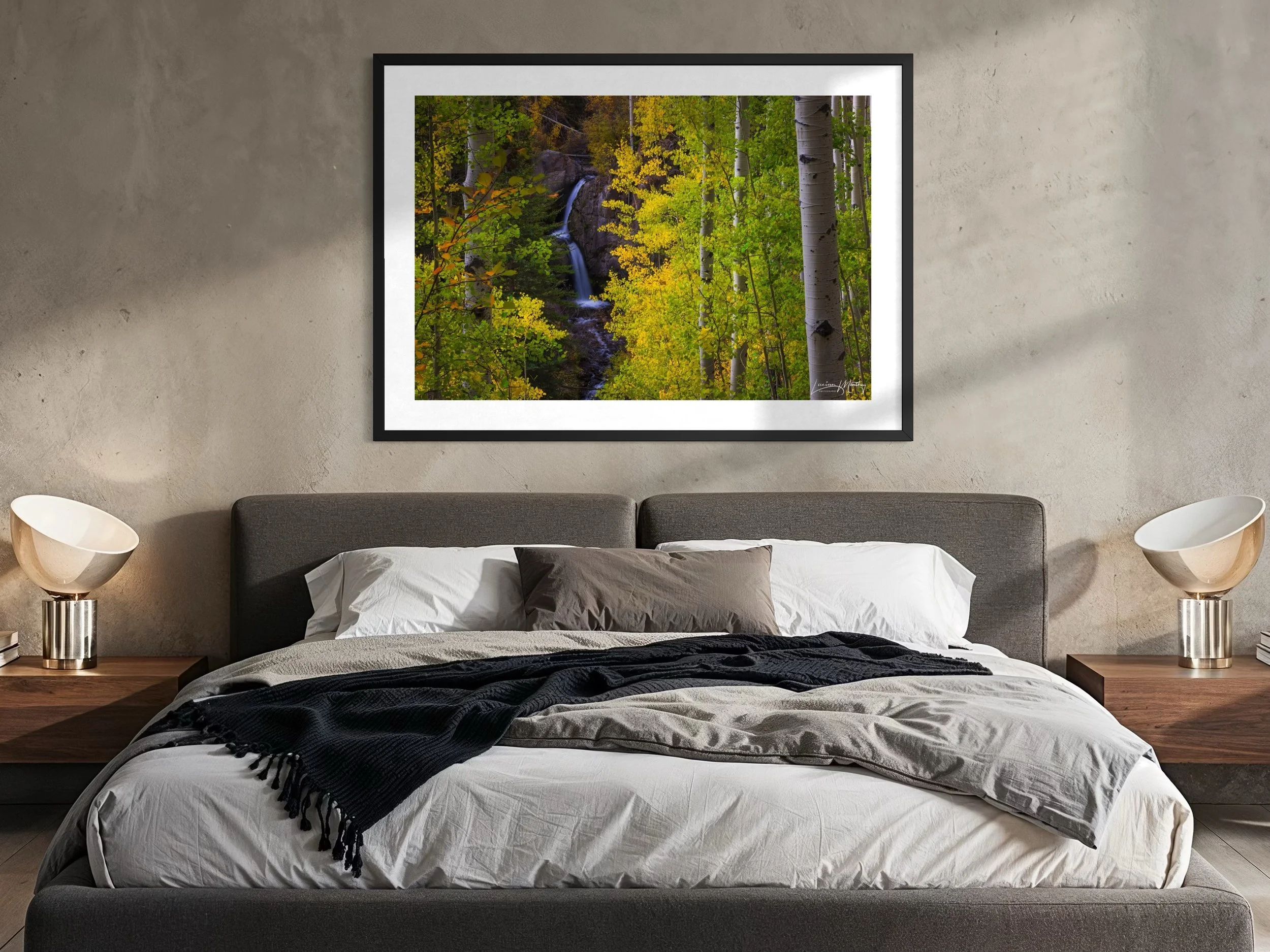 Nellie Creek Falls Colorado fine art landscape photography print — room mockup by Lucian Manthey