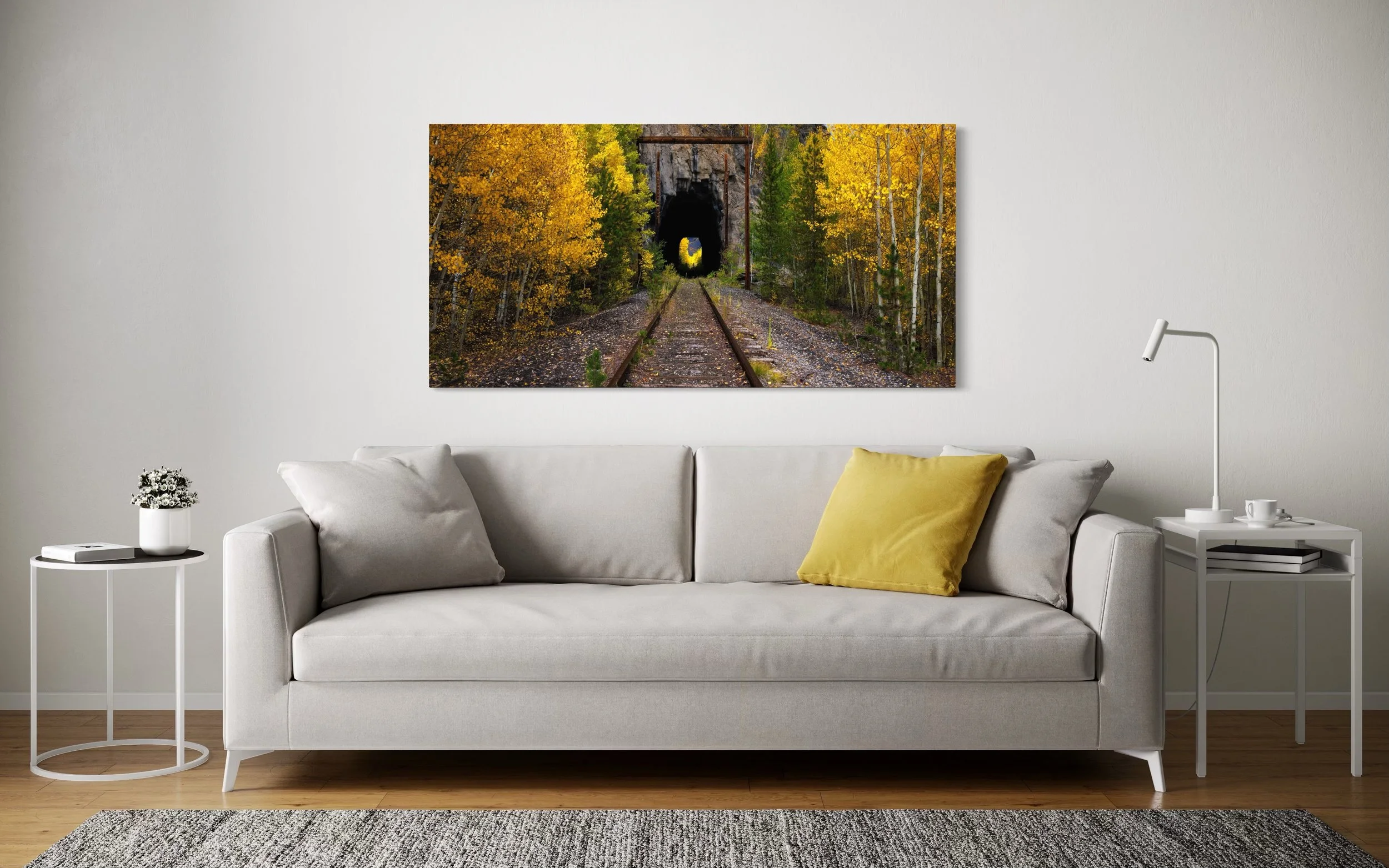 Photography print of an old railroad tunnel near Leadville, Colorado displayed in a living room