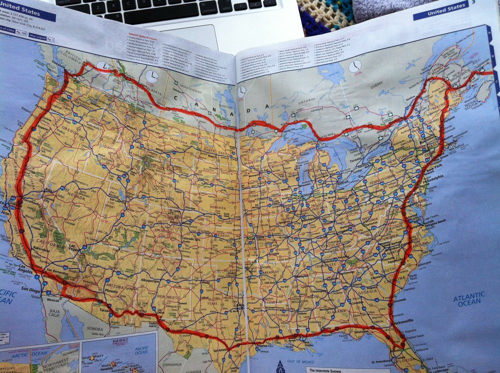 a hand-drawn map of Andie's loop around the edge of North America
