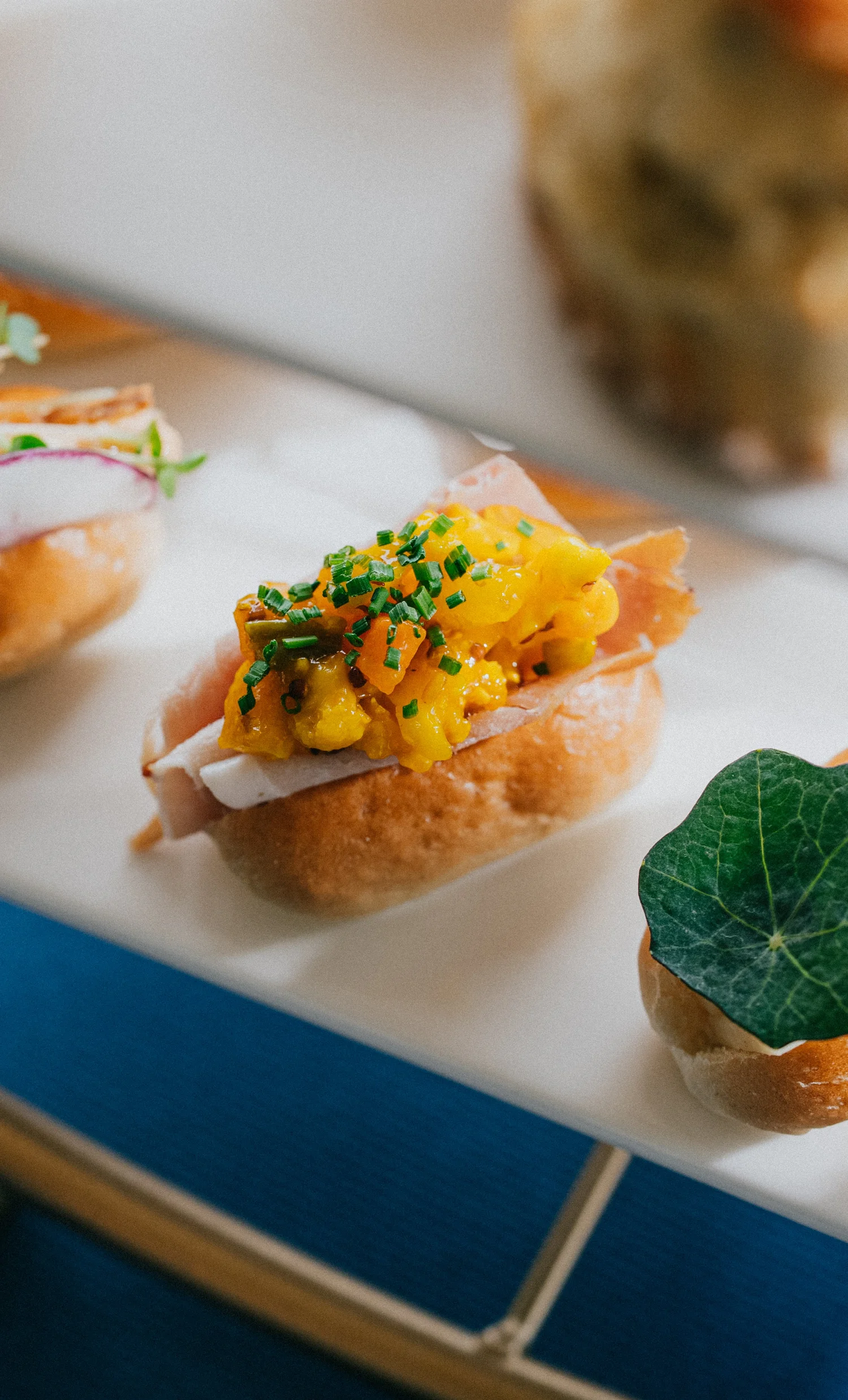 Smoked salmon and egg mayonnaise sandwiches on the stand