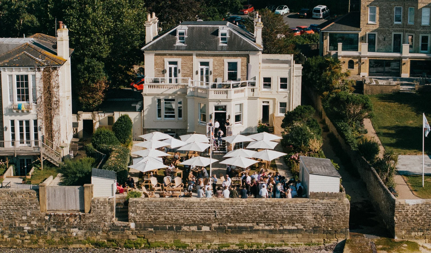 Royal Maritime House and the RT Café Grill terrace from above, with the Solent beyond