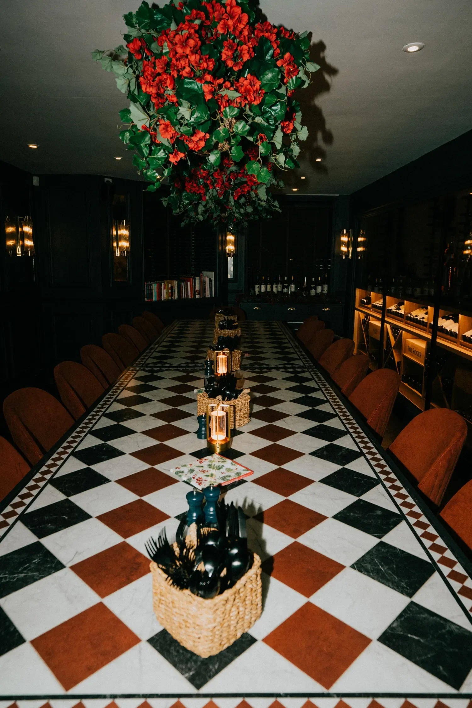 The 1945: one long table laid for twenty, with its own bar