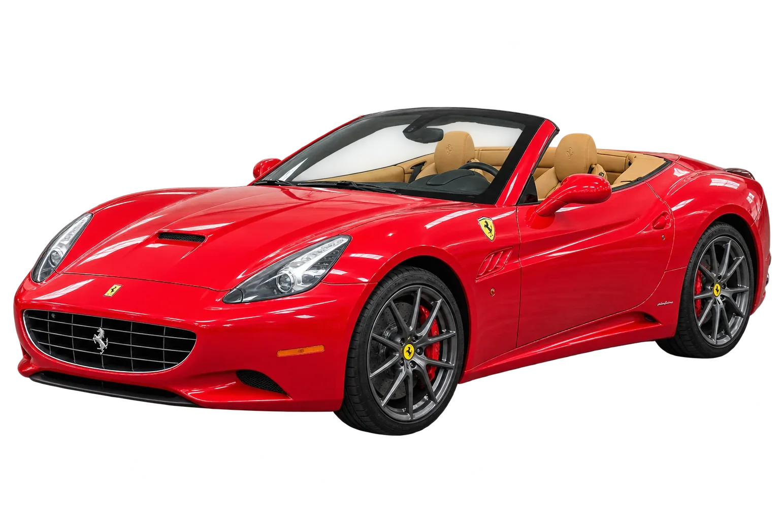 3D-style render of a red Ferrari California convertible with tan seats