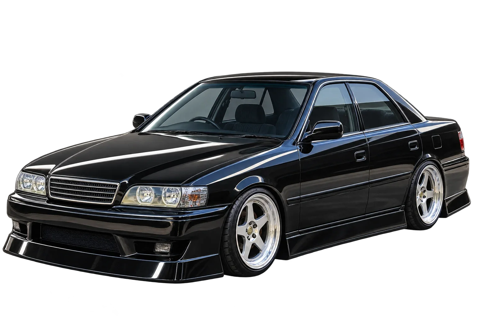 3D-style render of the reference black lowered sedan, polished five-spoke wheels, with no license plates