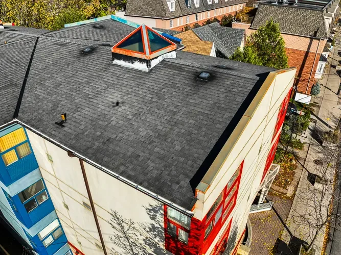 Drone roof inspection in progress