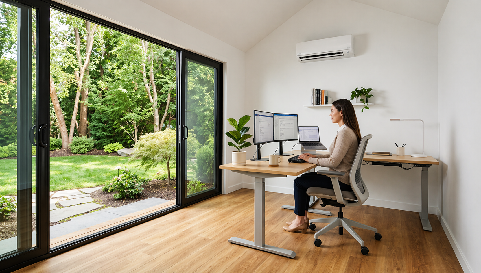 Person working from home in a backyard pod office at golden hour