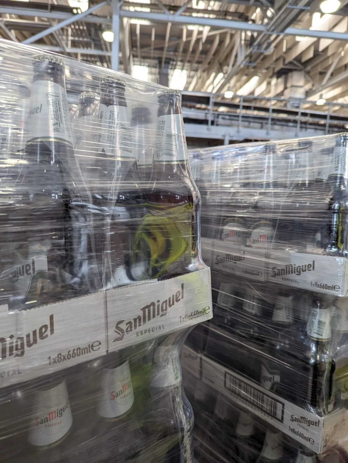 Goliath sustainable stretch film securing pallets of bottled drinks