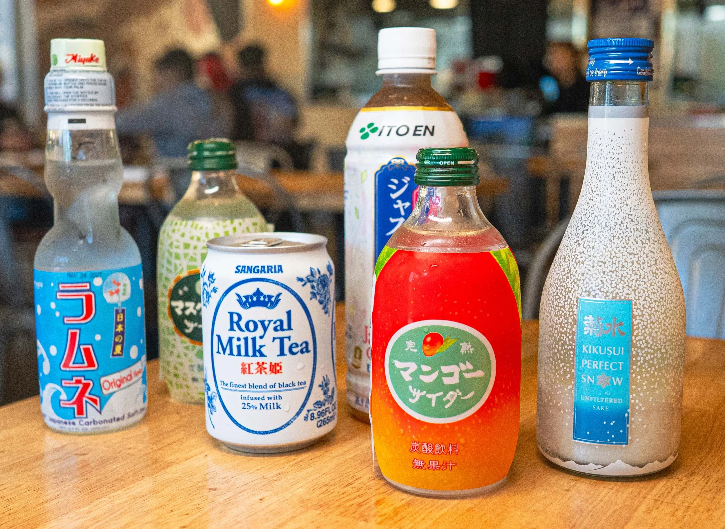 Japanese sodas, teas and sake bottles