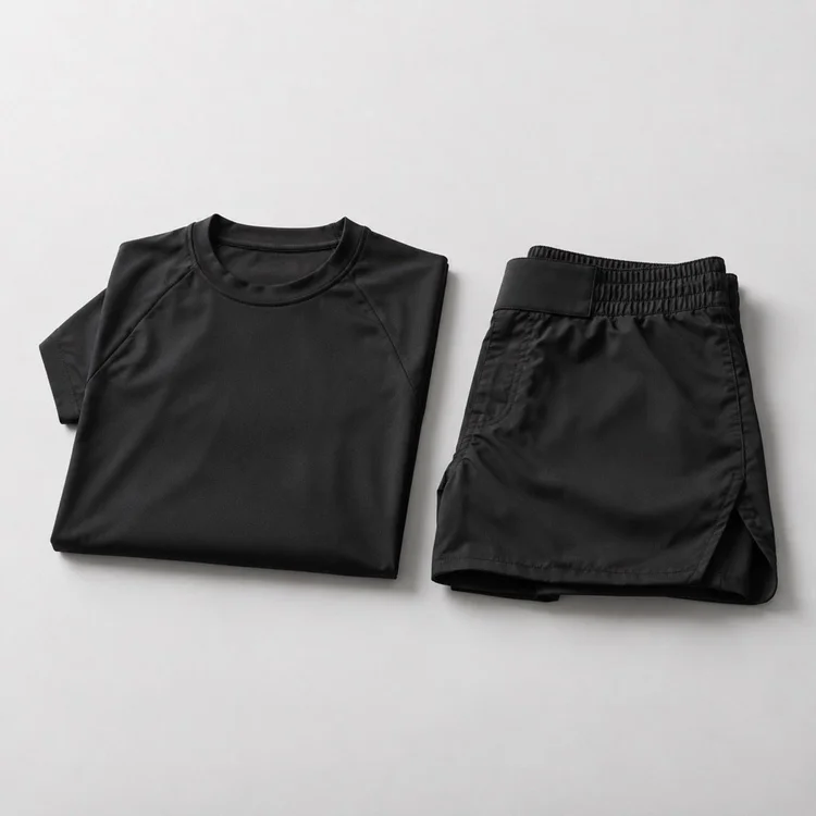 Beispielabbildung: schwarzes Rashguard und schwarze Grappling-Shorts