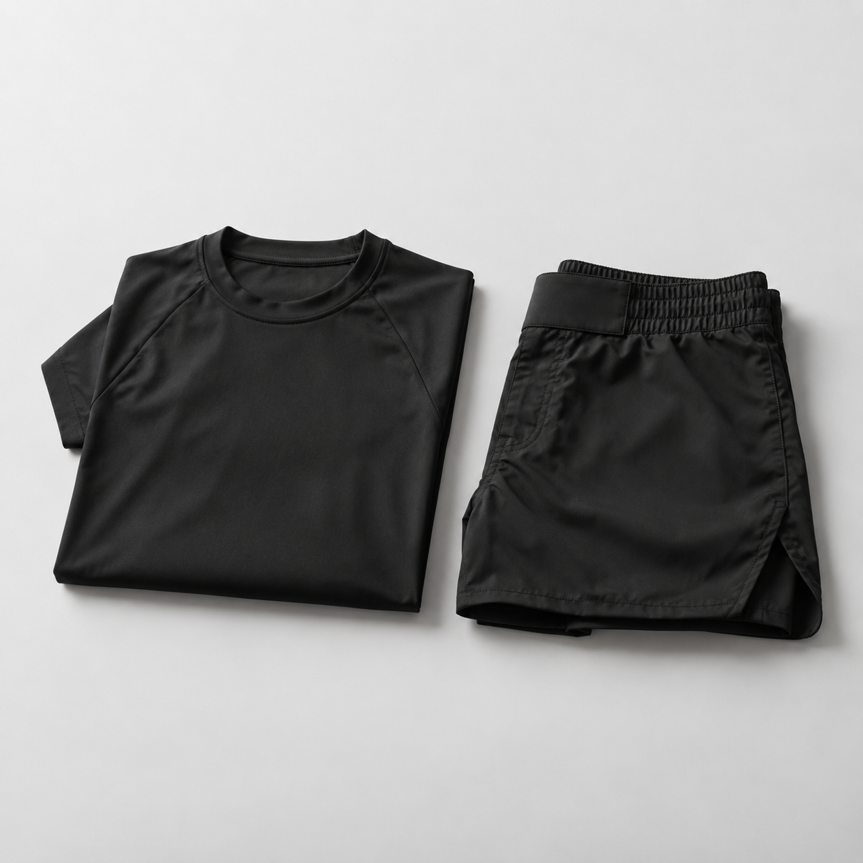 Beispielabbildung: schwarzes Rashguard und schwarze Grappling-Shorts