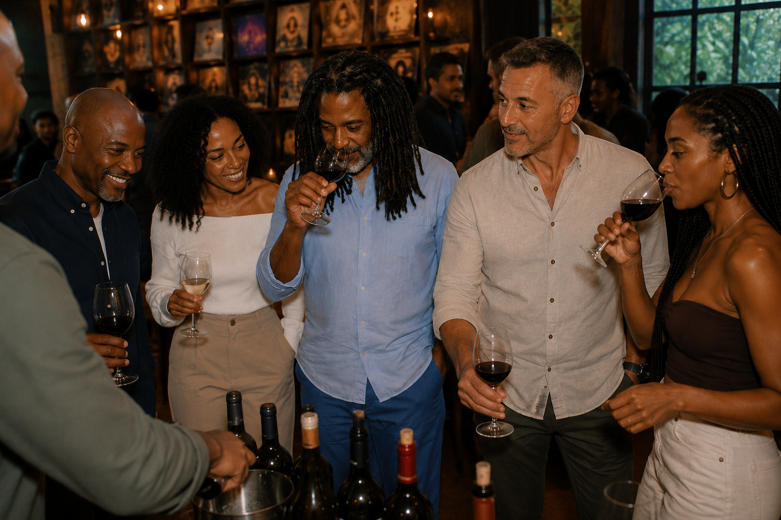 Guests laughing and enjoying wine at the Black and Brown Winemakers Experience