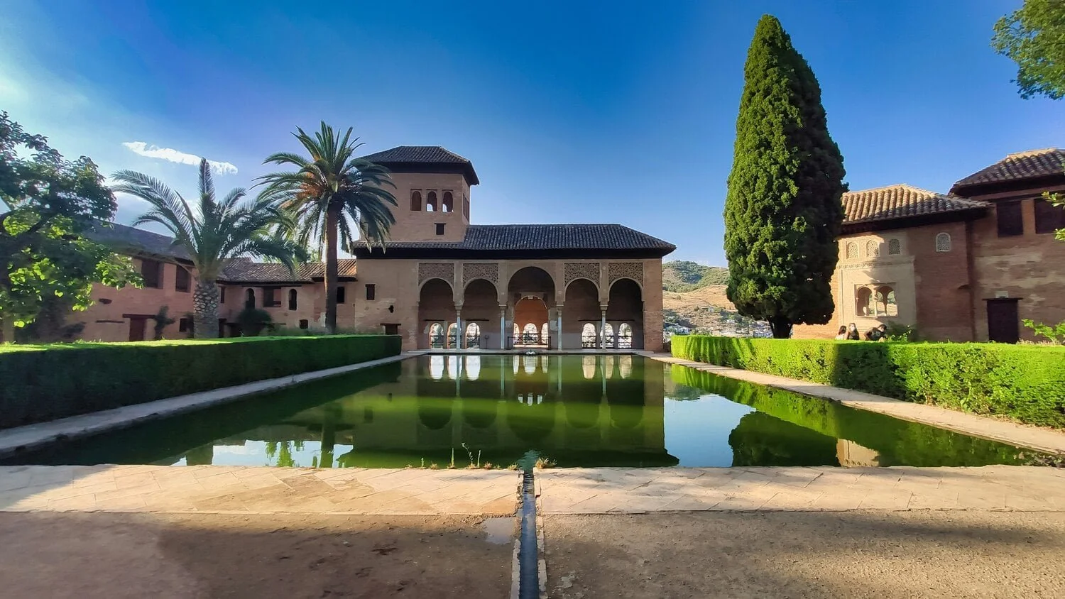 The Generalife gardens and pool at the Alhambra in Granada