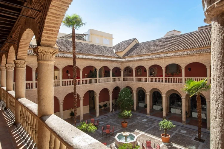 A sunlit arcaded courtyard with a palm tree in Granada