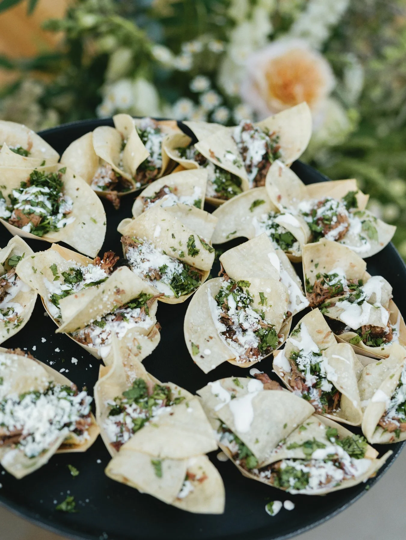 A platter of bite-size appetizers at Jackson and Tessa’s wedding.