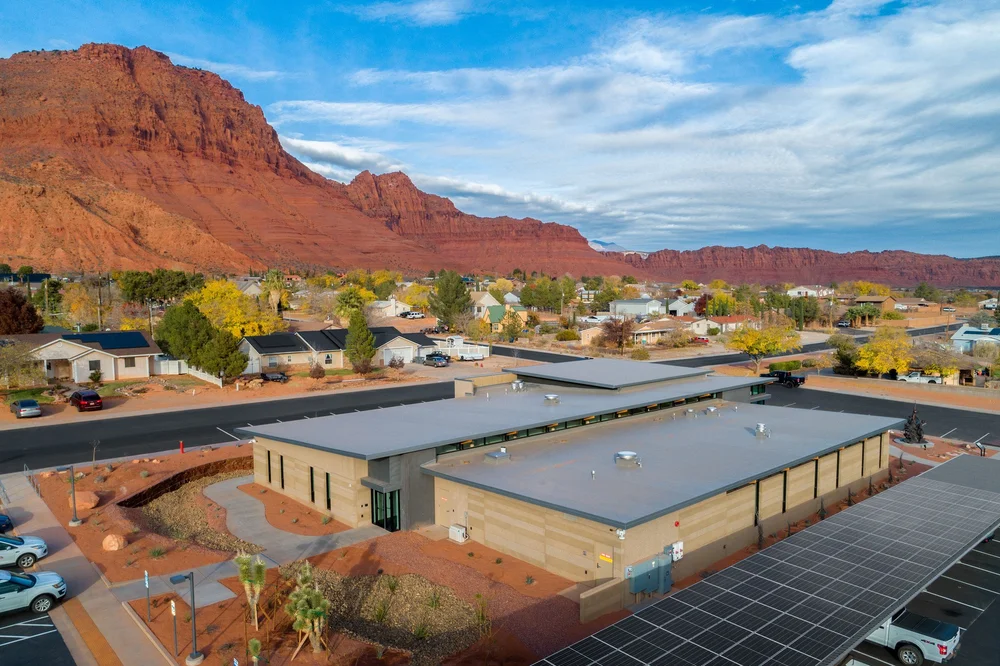 Ivins City Hall roofline set against the surrounding red-rock landscape.