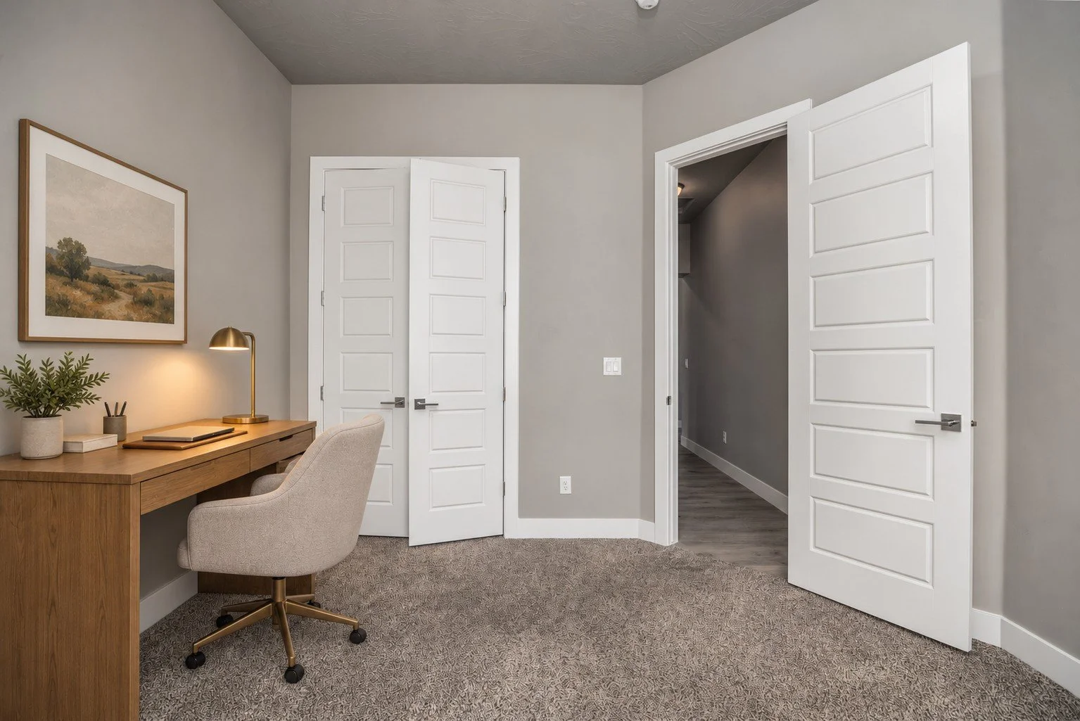Virtually staged home office with digitally added furniture and decor