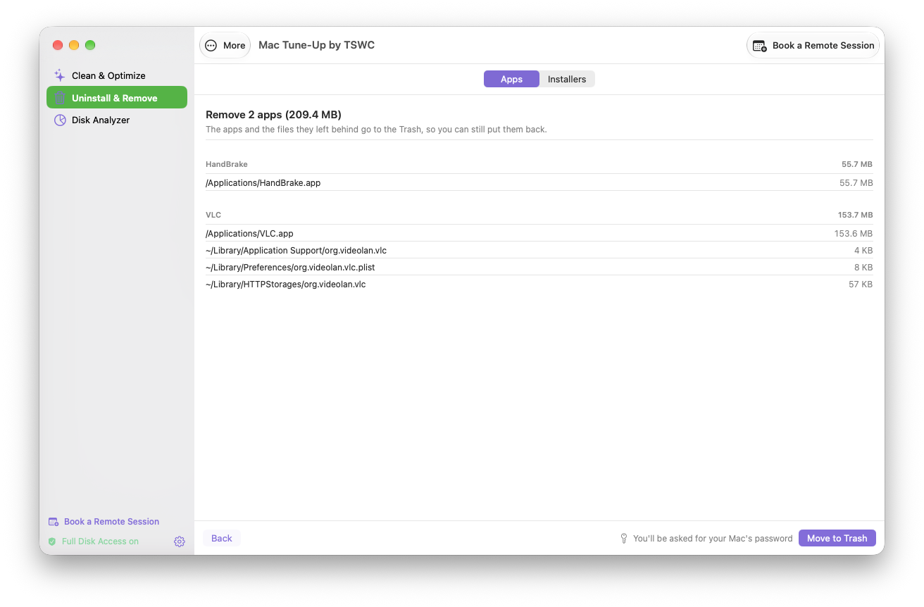 Uninstall preview listing two apps and their leftover files