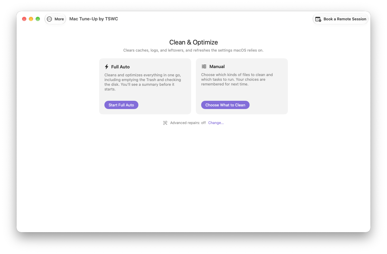 Mac Tune-Up Clean & Optimize start screen with Full Auto and Manual options