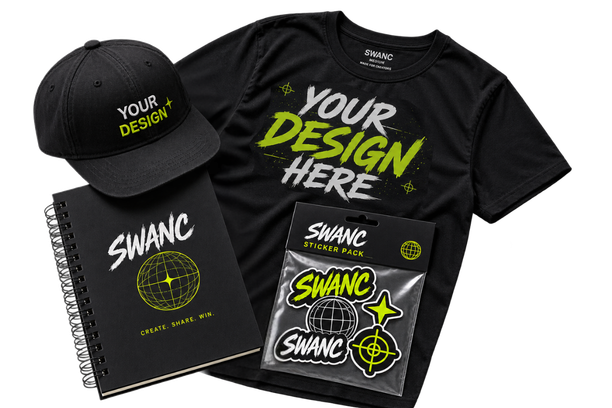 SWANC giveaway package featuring a custom T-shirt, custom hat, notebook and sticker pack