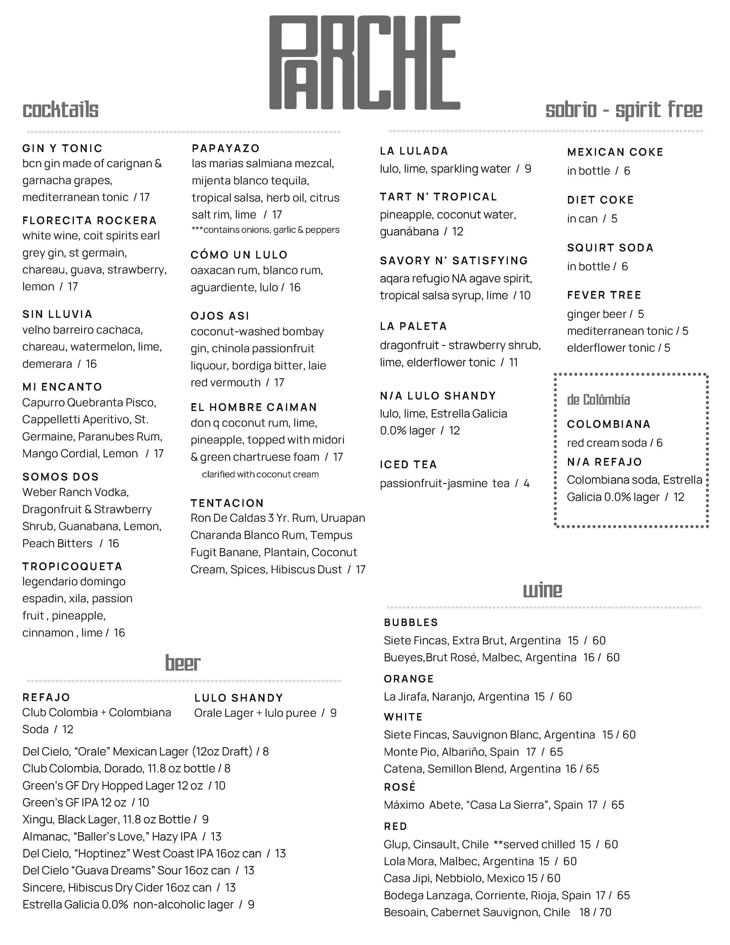 Parche Cocktail Menu