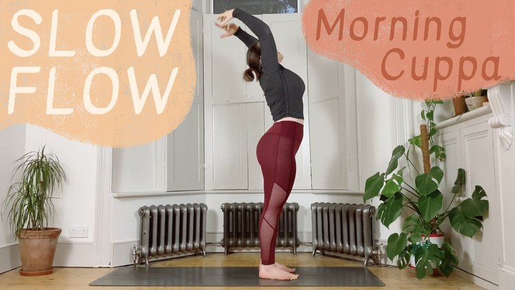Oceana is demonstrating a standing backbend on the thumbnail image for her 'Morning Cupp' YouTube Slow Flow class.