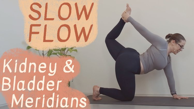 Oceana is demonstrating half bow pose on the thumbnail image for her 'Kidney & Bladder Meridians' YouTube Slow Flow class.