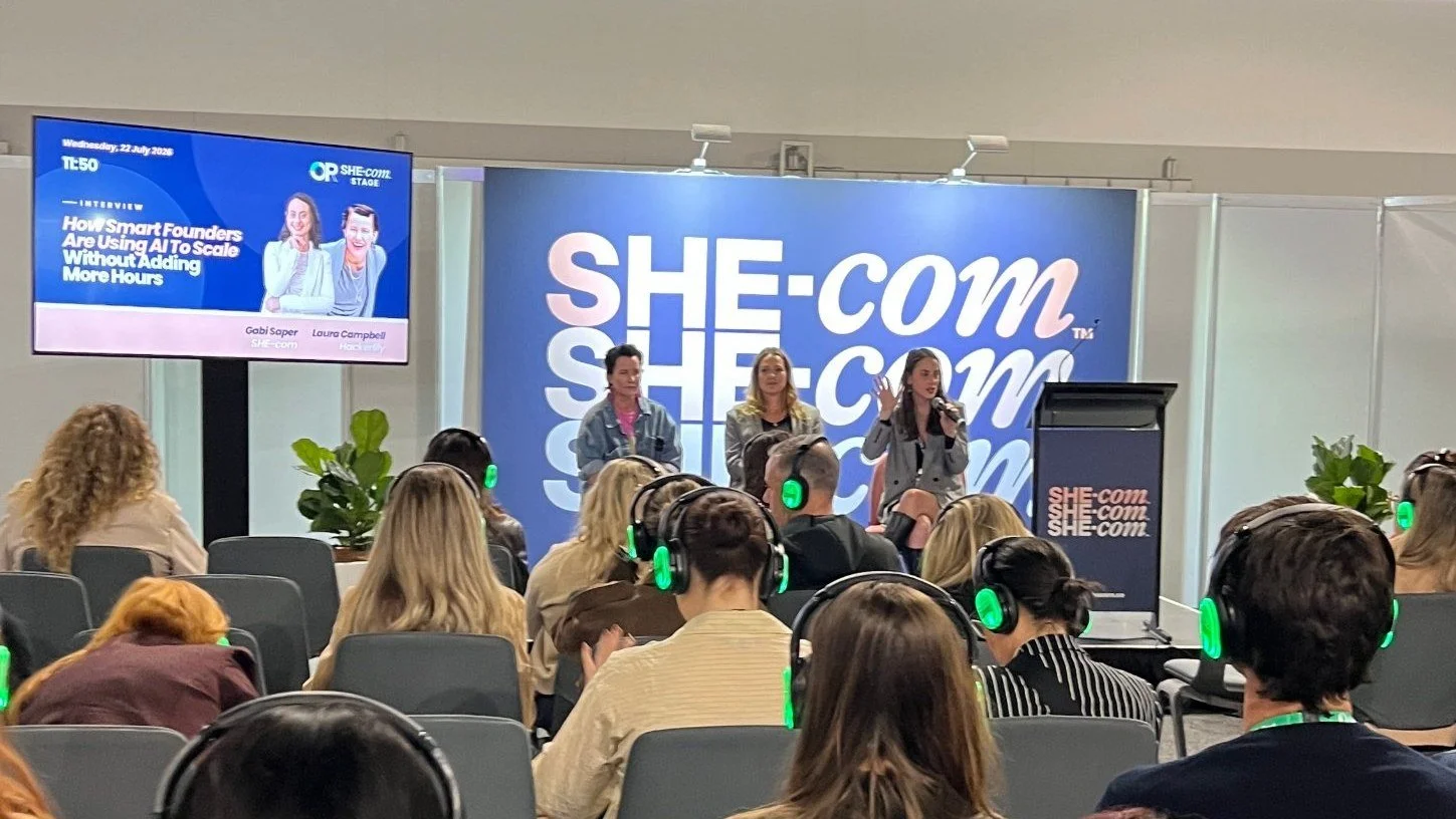 Laura Campbell on the SHE-com Stage at Online Retailer 2026, with the session title on screen