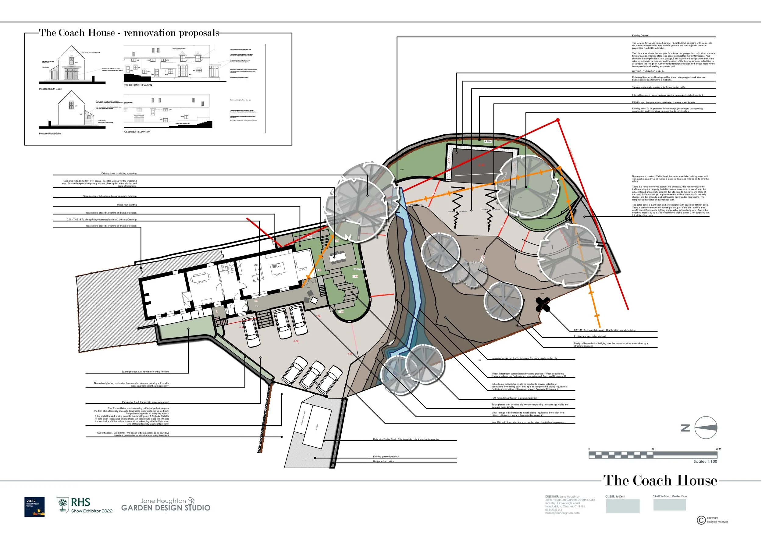 Entrance plan for coach house garden in St Asaph showing gates, granite setts and level change