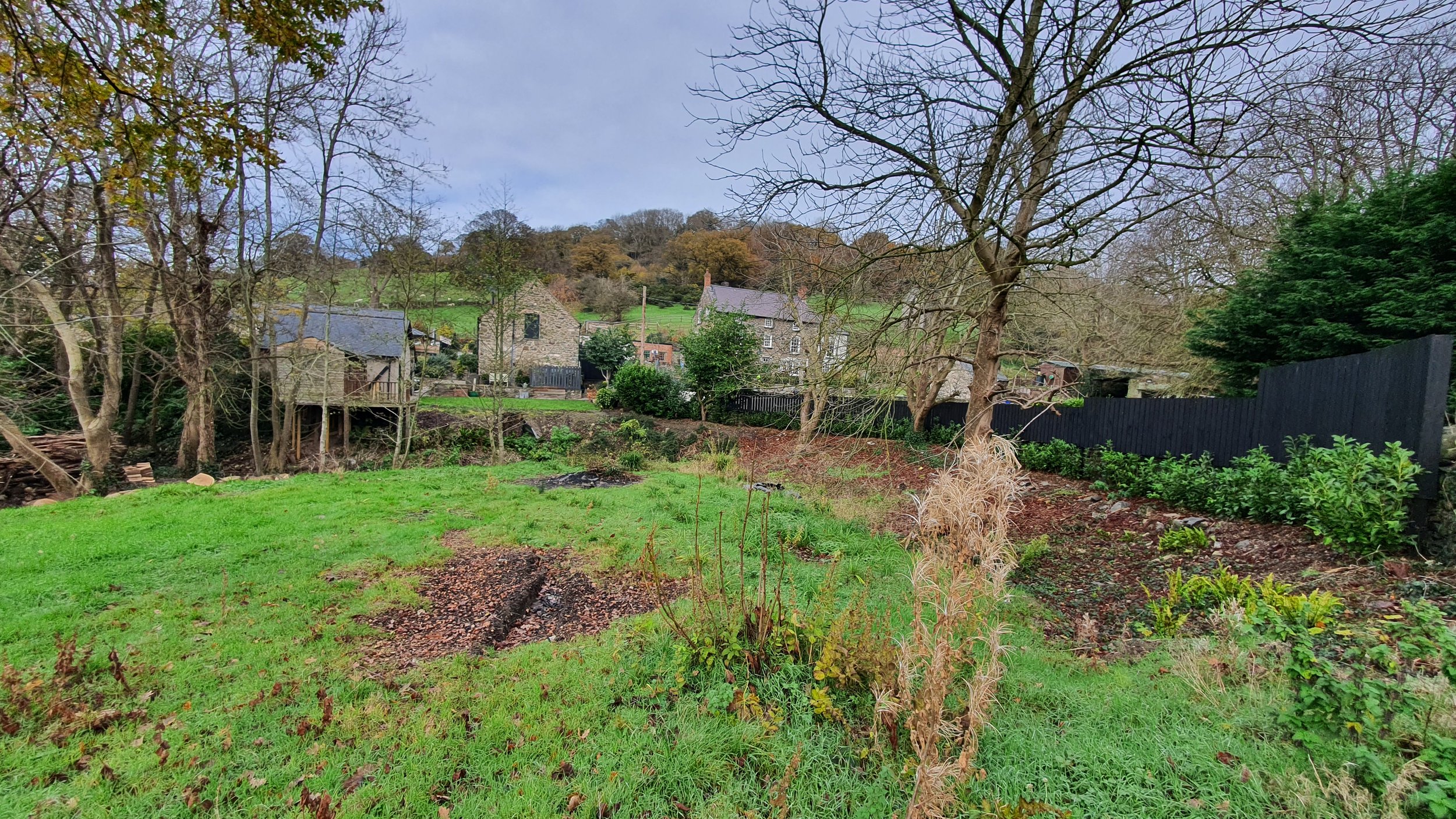 Before garden at coach house in St Asaph showing sloping ground and undeveloped planting areas