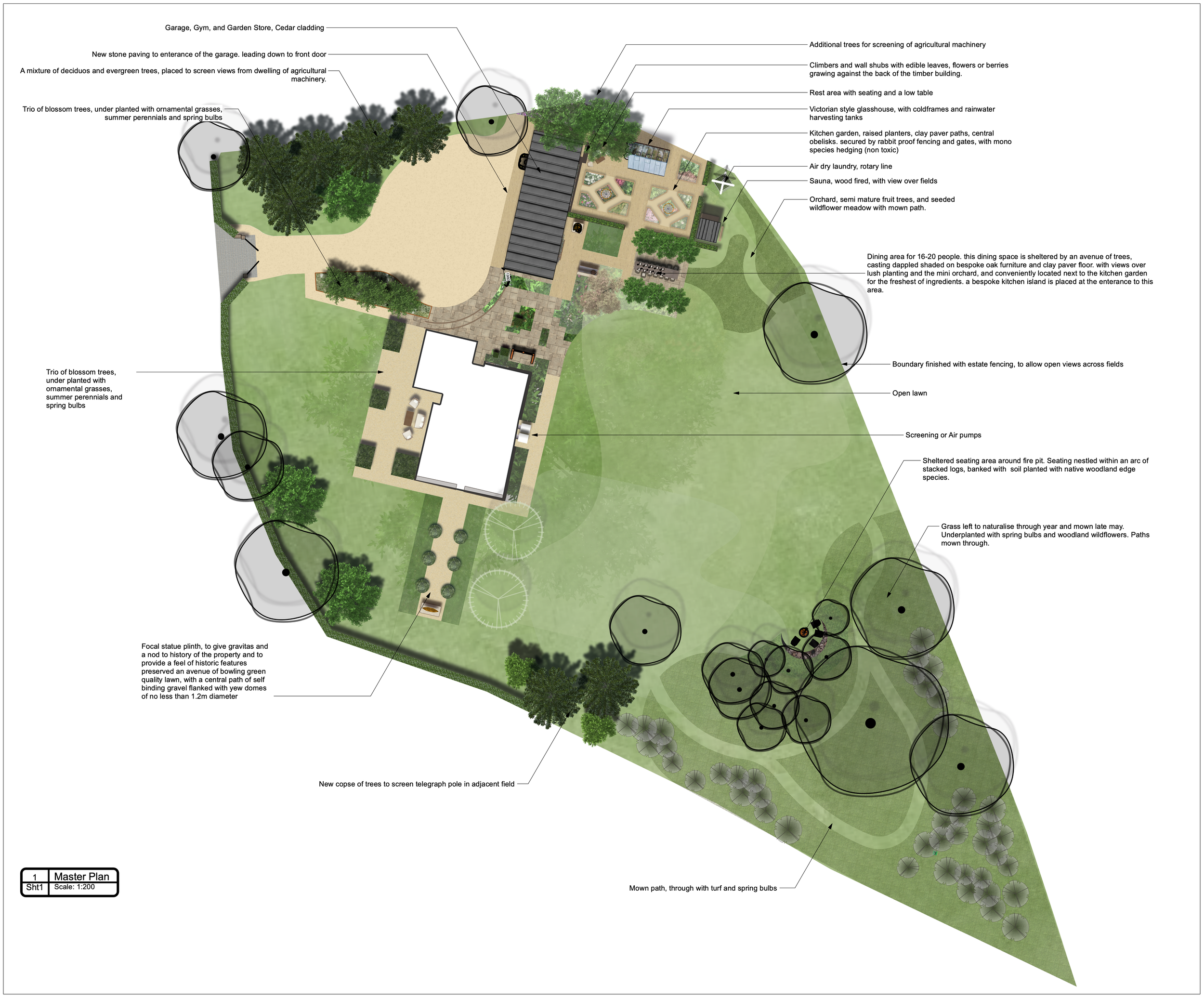 Garden masterplan drawing showing overall layout and spatial structure