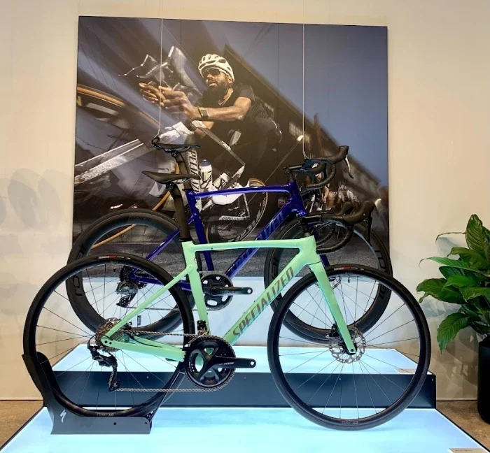 Specialized road bikes on display in a retail store