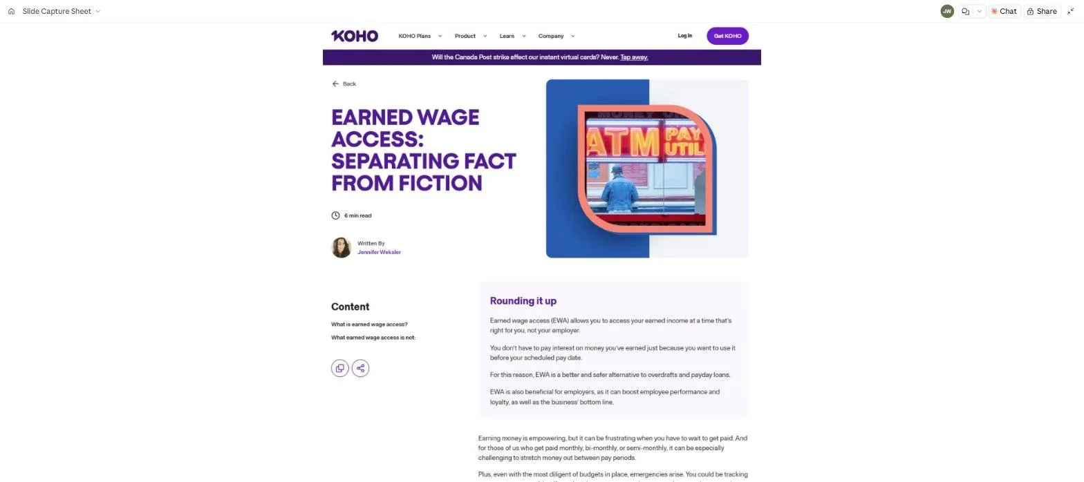 KOHO article Earned Wage Access: Separating Fact from Fiction, with Jennifer Weksler byline