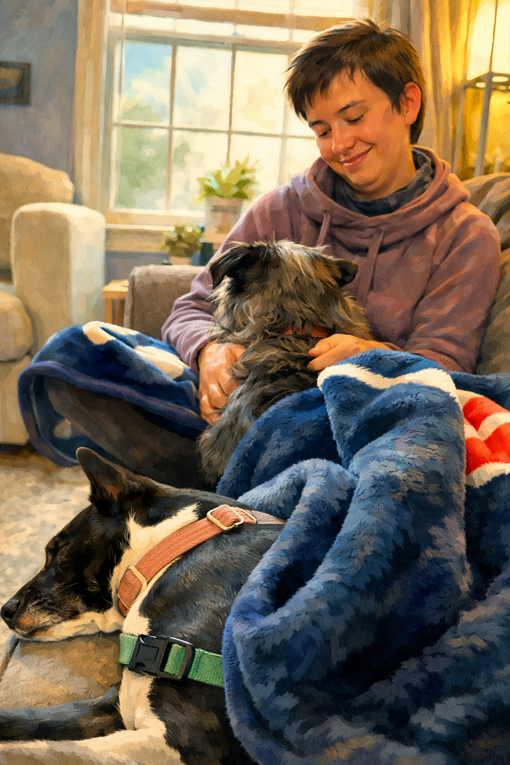 A happy pet relaxing at home